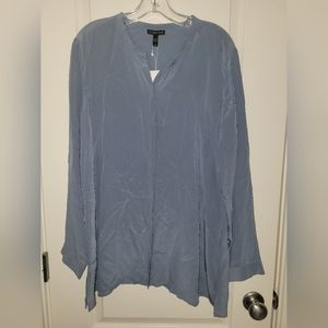 NEW Eileen Fisher Blue Silk Shirt with Mandarin Collar